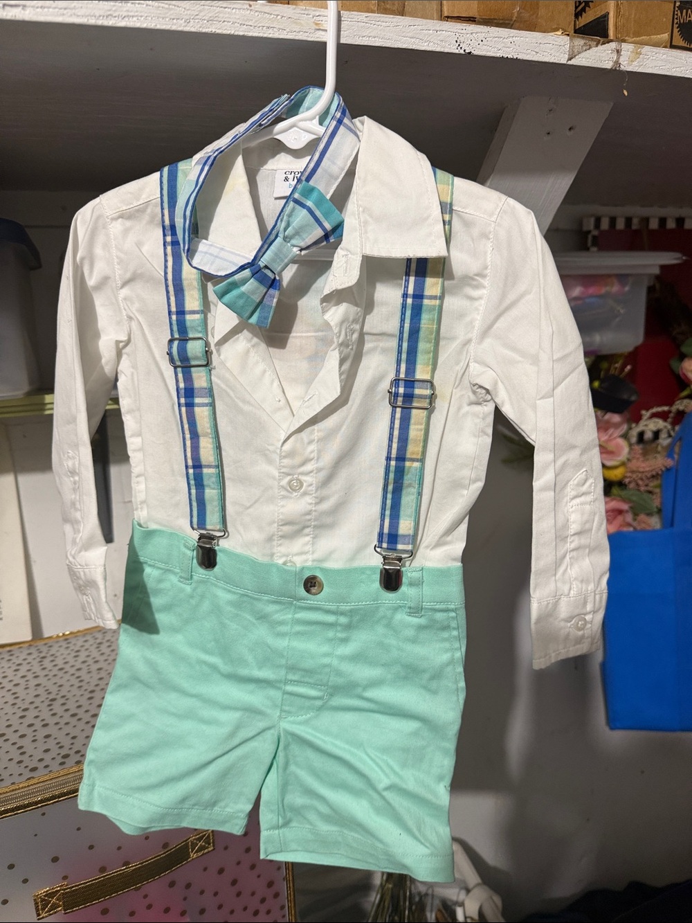 Children's Mint Short Set with Plaid Suspenders and Bow Tie
